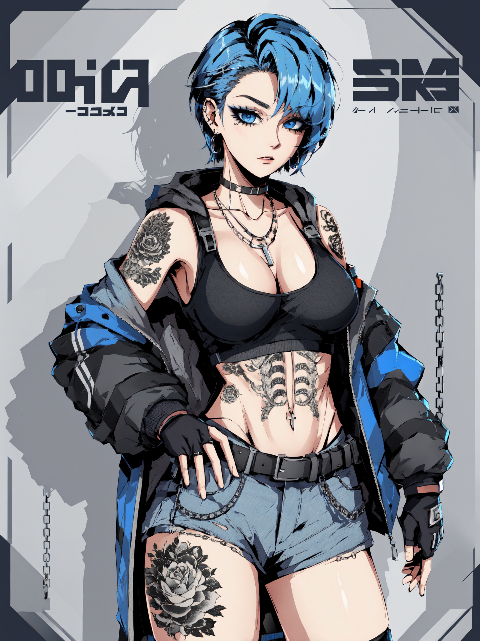 02557-1390243688-Defaults17Style, 1girl, jewelry, solo, tattoo, short hair, necklace, jacket, belt, fingerless gloves, weapon, yellow background,.png